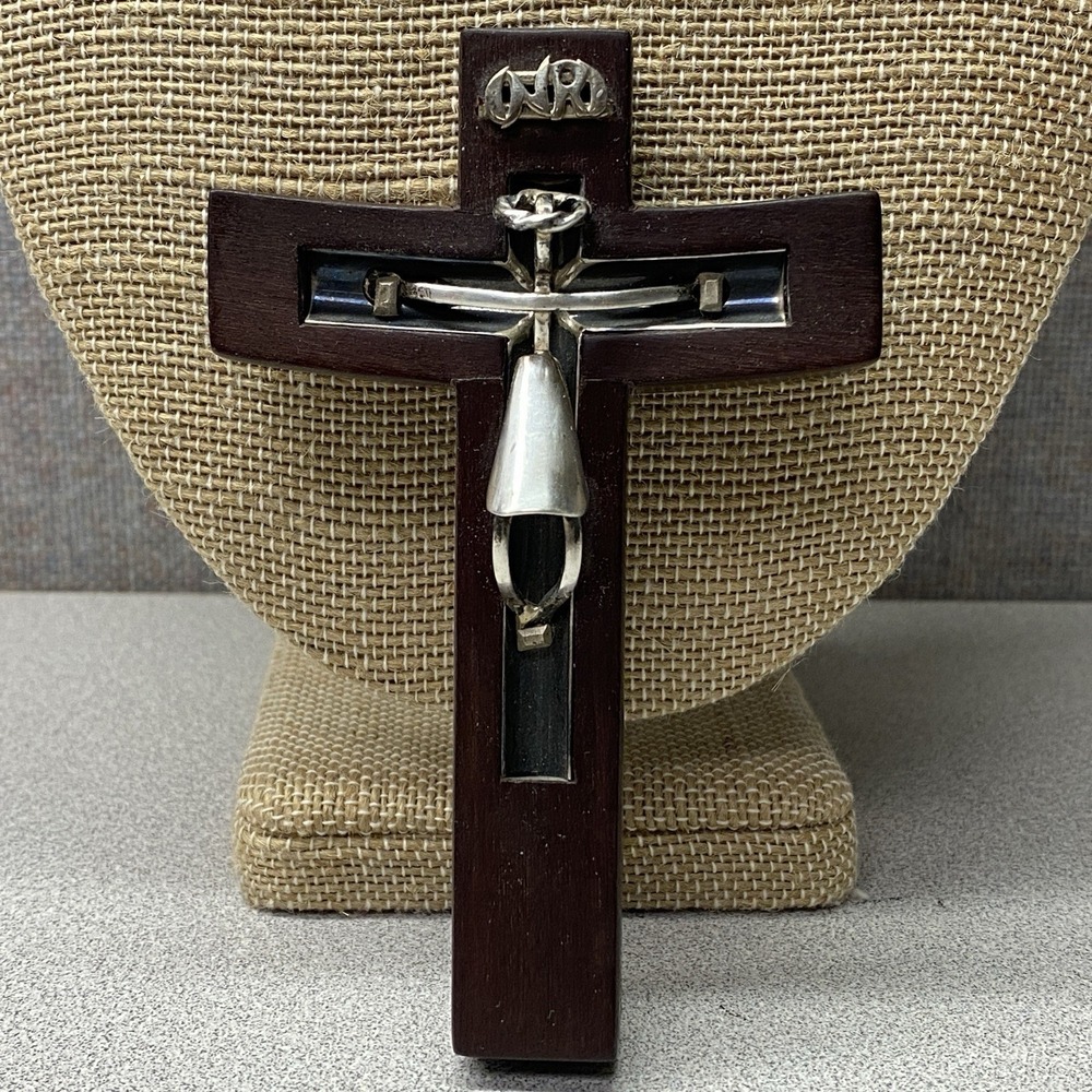 Vtg Taxco Mexico Hecho En Sterling Silver 925 Wood Cross Crucifix INRI Old Money